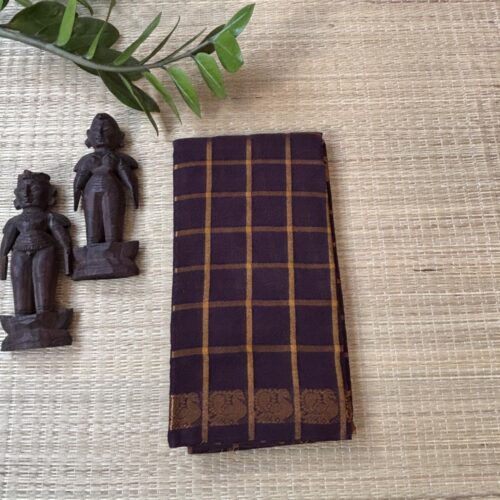 Coffee brown Pavithra Kattam sungudi saree with golden peacock border, Madurai woven cotton saree