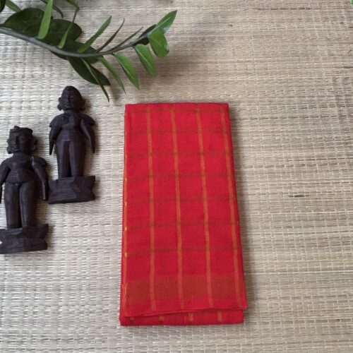 Bright red Pavithra Kattam sungudi saree with golden peacock border, Madurai woven cotton saree
