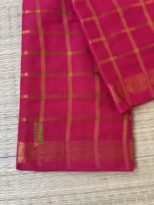 Rani pink Pavithra Kattam sungudi saree with golden peacock border, Madurai woven cotton saree