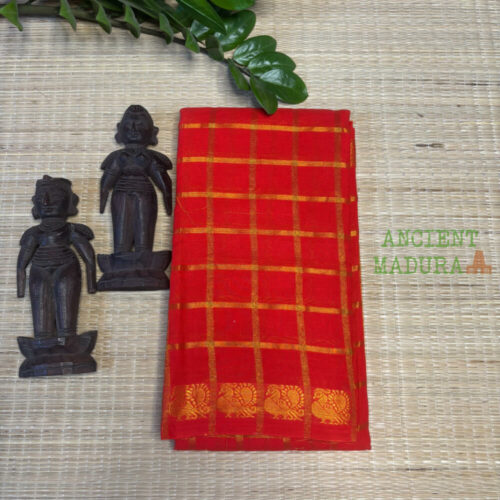 Bright red Pavithra Kattam sungudi saree with golden peacock border, Madurai woven cotton saree