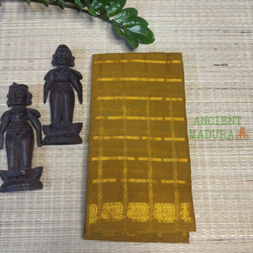 Mustard yellow Pavithra Kattam sungudi saree with golden peacock border, Madurai woven cotton saree
