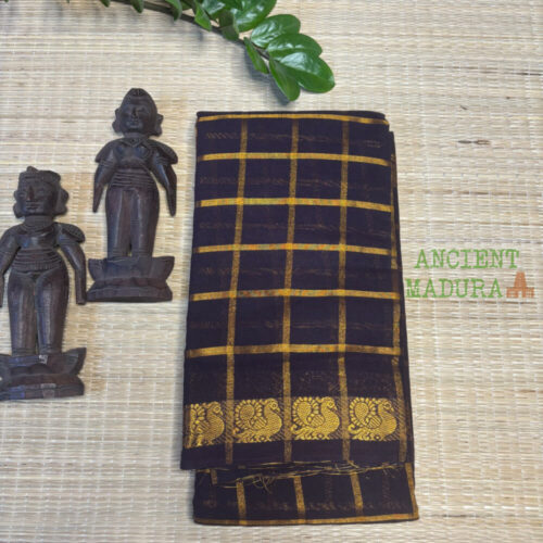 Coffee brown Pavithra Kattam sungudi saree with golden peacock border, Madurai woven cotton saree