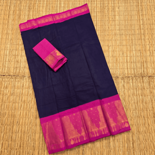 Navy blue premium sungudi cotton saree with pink gopuram zari border, separate pink checked blouse with peacock motif, 90cm