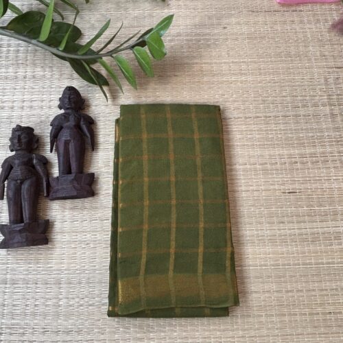 Olive green Pavithra Kattam sungudi saree with golden peacock border, Madurai woven cotton saree