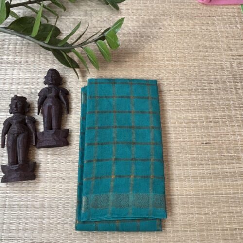 Peacock blue Pavithra Kattam sungudi saree with golden peacock border, Madurai woven cotton saree