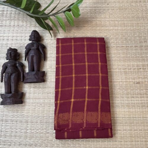 Maroon Pavithra Kattam sungudi saree with golden peacock border, Madurai woven cotton saree