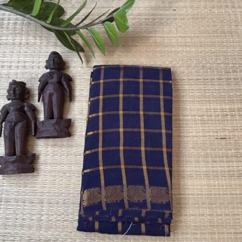 Navy blue Pavithra Kattam sungudi saree with golden peacock border, Madurai woven cotton saree