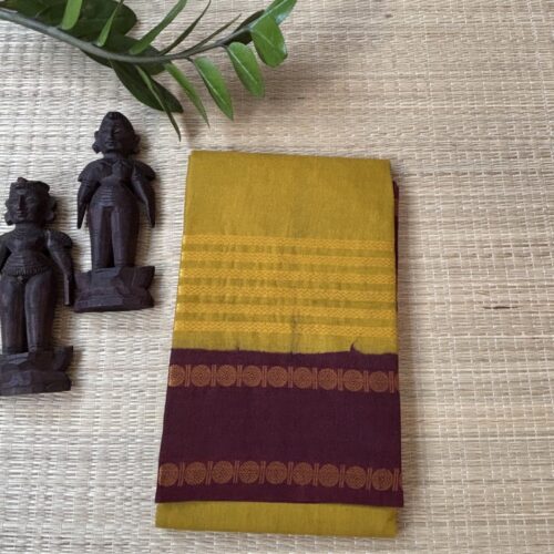 Mustard yellow Neli Velthari sungudi saree with maroon Rettapet Rudraksha border, Madurai handcrafted cotton saree