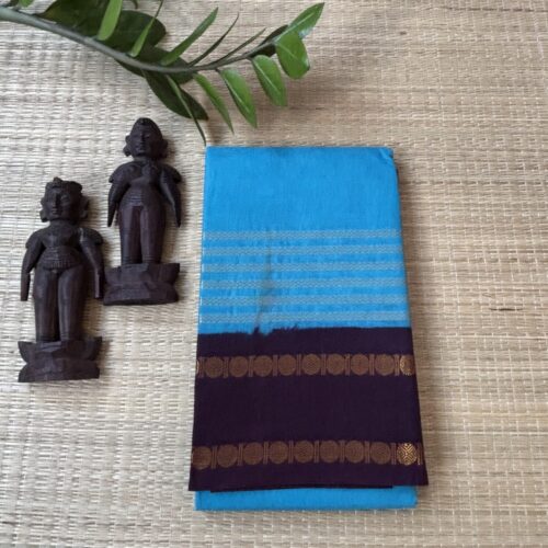 Turquoise Neli Velthari sungudi saree with coffee brown Rettapet Rudraksha border, Madurai handcrafted cotton saree