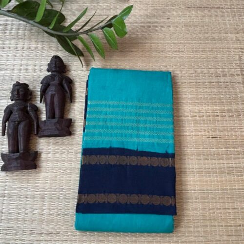 Teal green Neli Velthari sungudi saree with navy Rettapet Rudraksha border, Madurai handcrafted cotton saree