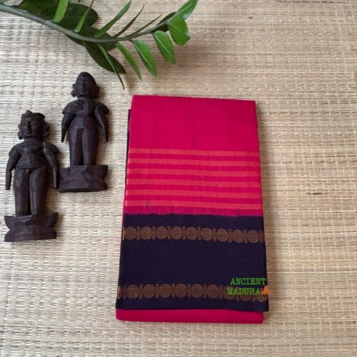 Rani pink Neli Velthari sungudi saree with navy Rettapet Rudraksha border, Madurai handcrafted cotton saree