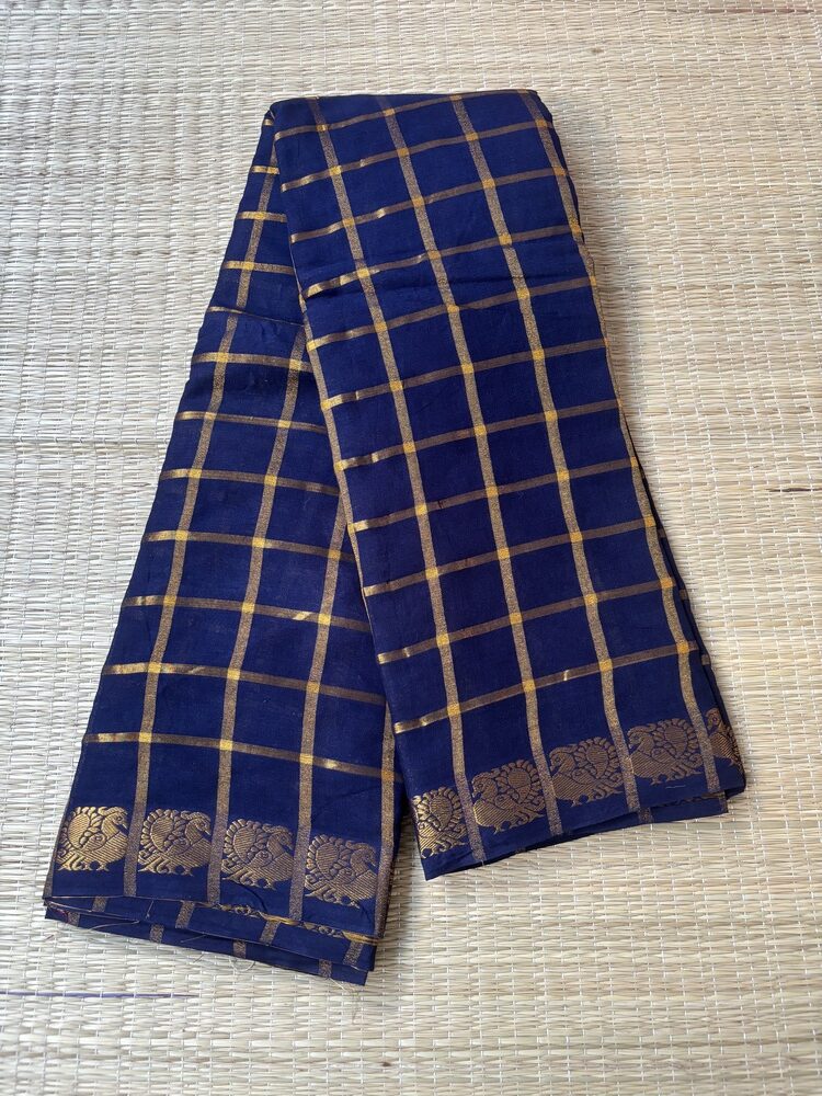 Navy blue Pavithra Kattam sungudi saree with golden peacock border, Madurai woven cotton saree