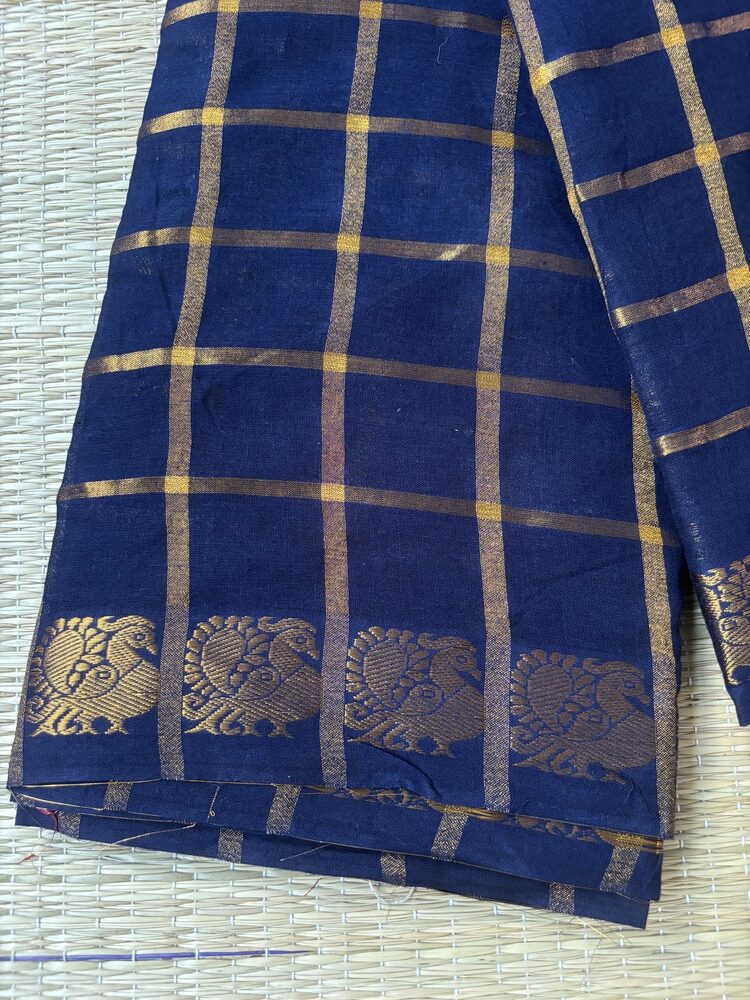 Navy blue Pavithra Kattam sungudi saree with golden peacock border, Madurai woven cotton saree