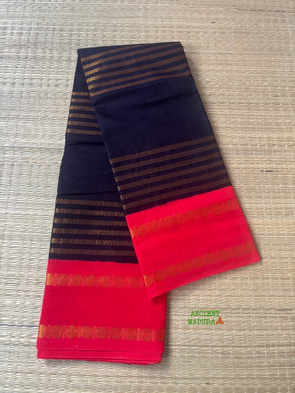 Coffee brown Neli Velthari sungudi saree with bright red Rettapet Rudraksha border, Madurai handcrafted cotton saree
