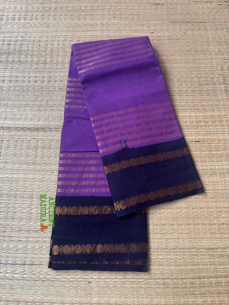 Purple Neli Velthari sungudi saree with dark blue Rettapet Rudraksha border, Madurai handcrafted cotton saree