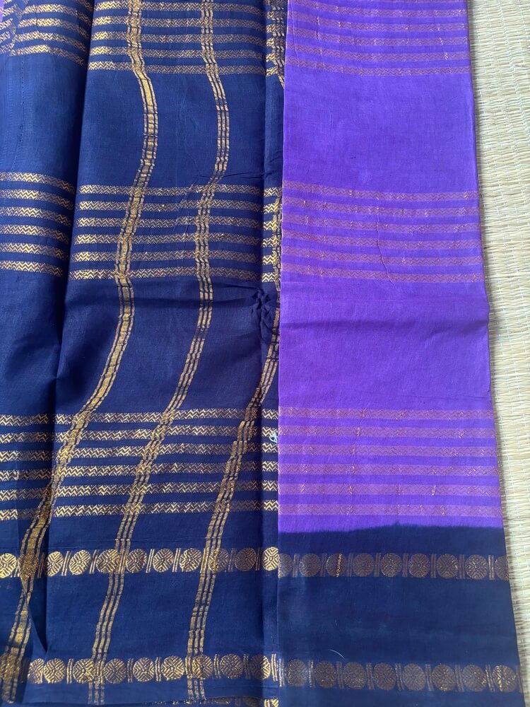 Purple Neli Velthari sungudi saree with dark blue Rettapet Rudraksha border, Madurai handcrafted cotton saree