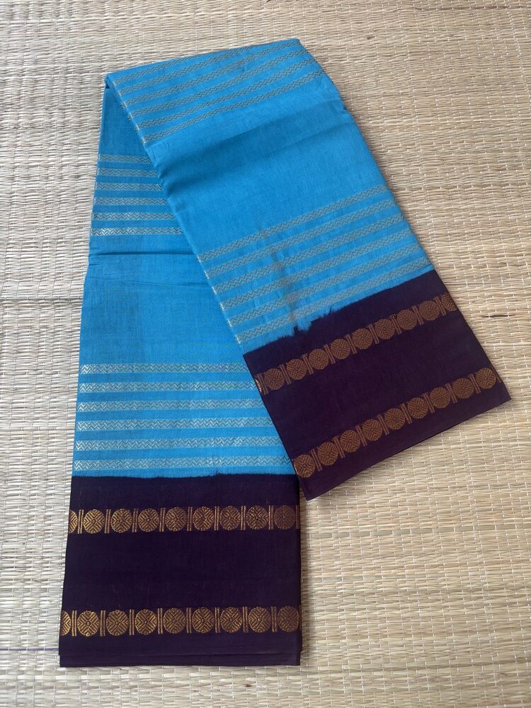 Turquoise Neli Velthari sungudi saree with coffee brown Rettapet Rudraksha border, Madurai handcrafted cotton saree
