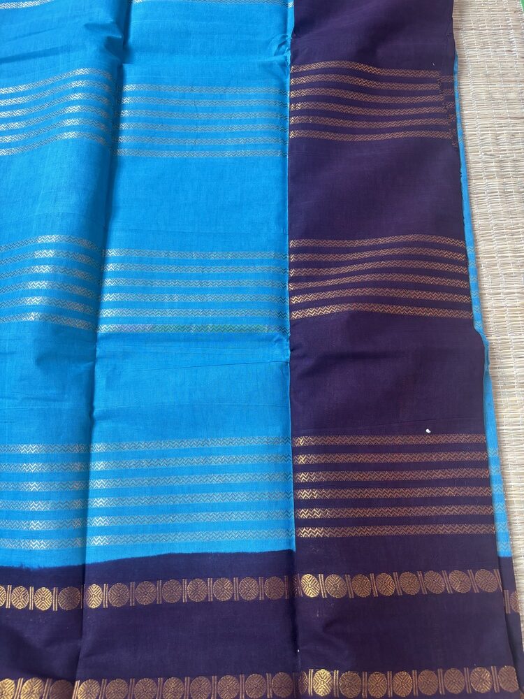 Turquoise Neli Velthari sungudi saree with coffee brown Rettapet Rudraksha border, Madurai handcrafted cotton saree