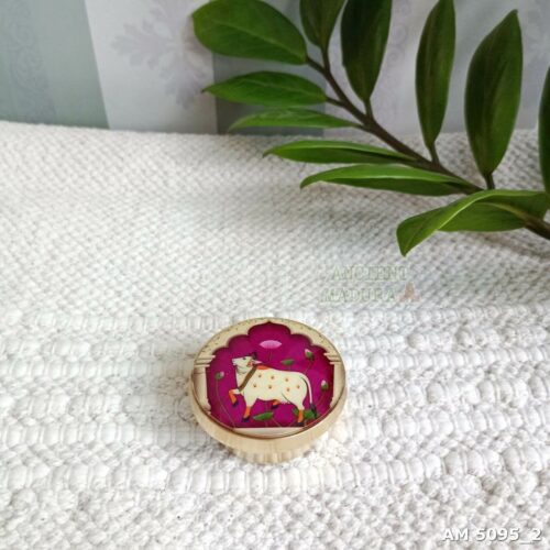 Brass Kumkum Box – Pichwai Cow Pink colour | Sindoor Dibbi | Decorative Round Box for Pooja & Gifting