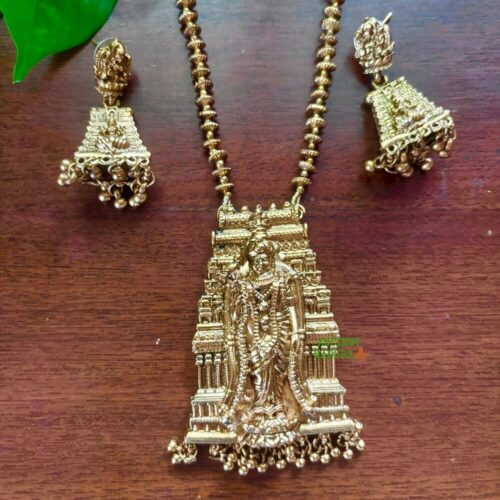 Madurai Meenakshi Pendant with Chain and Lakshmi Jhumkas – Antique Gold Finish Temple Jewellery